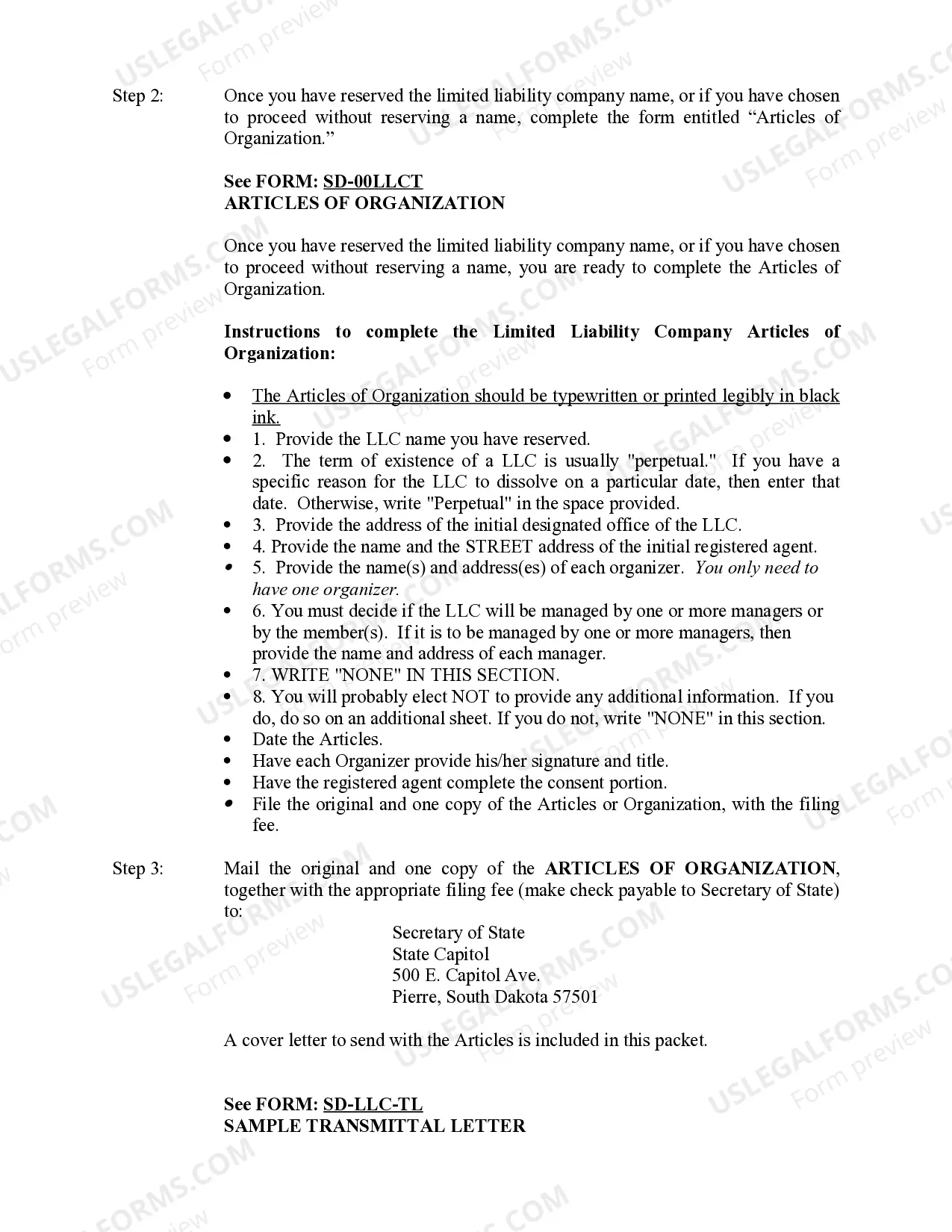 Preview South Dakota Limited Liability Company LLC Formation Package