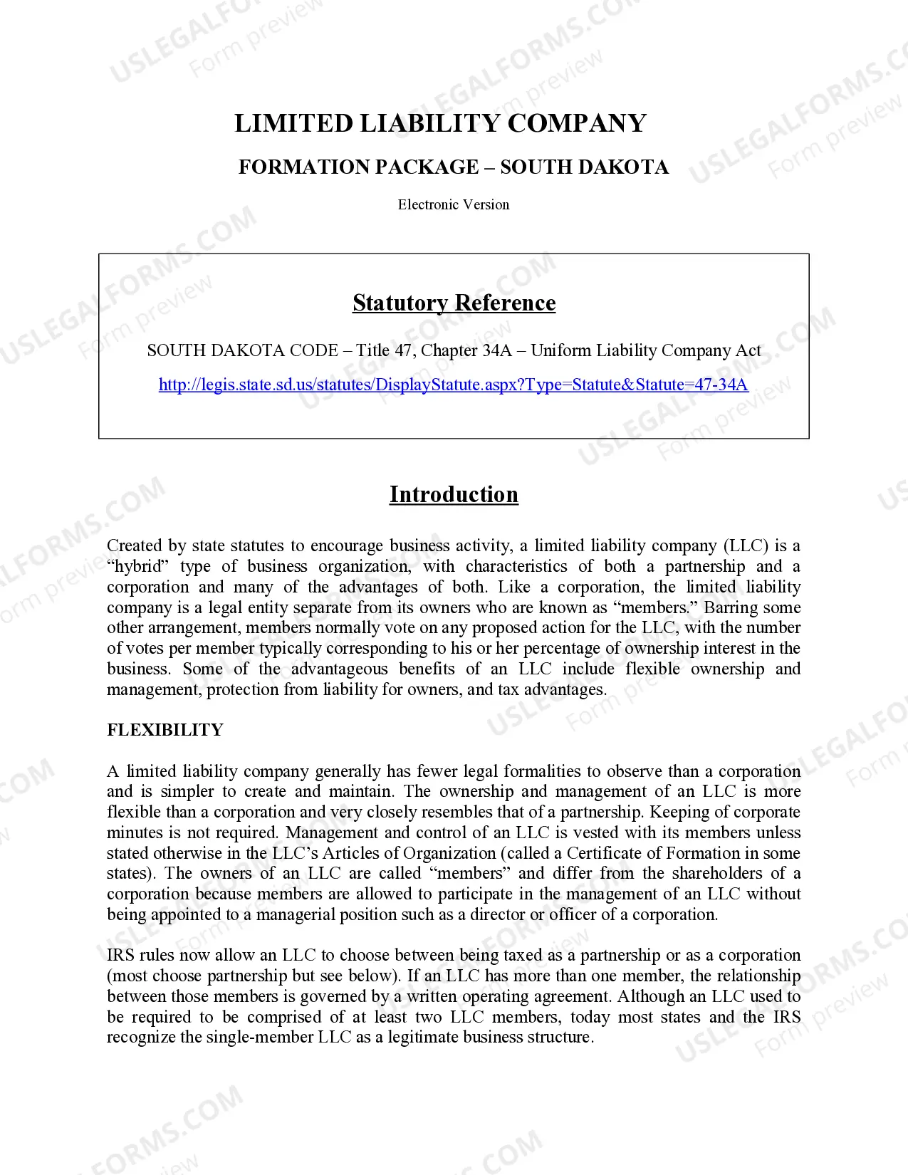 Preview South Dakota Limited Liability Company LLC Formation Package