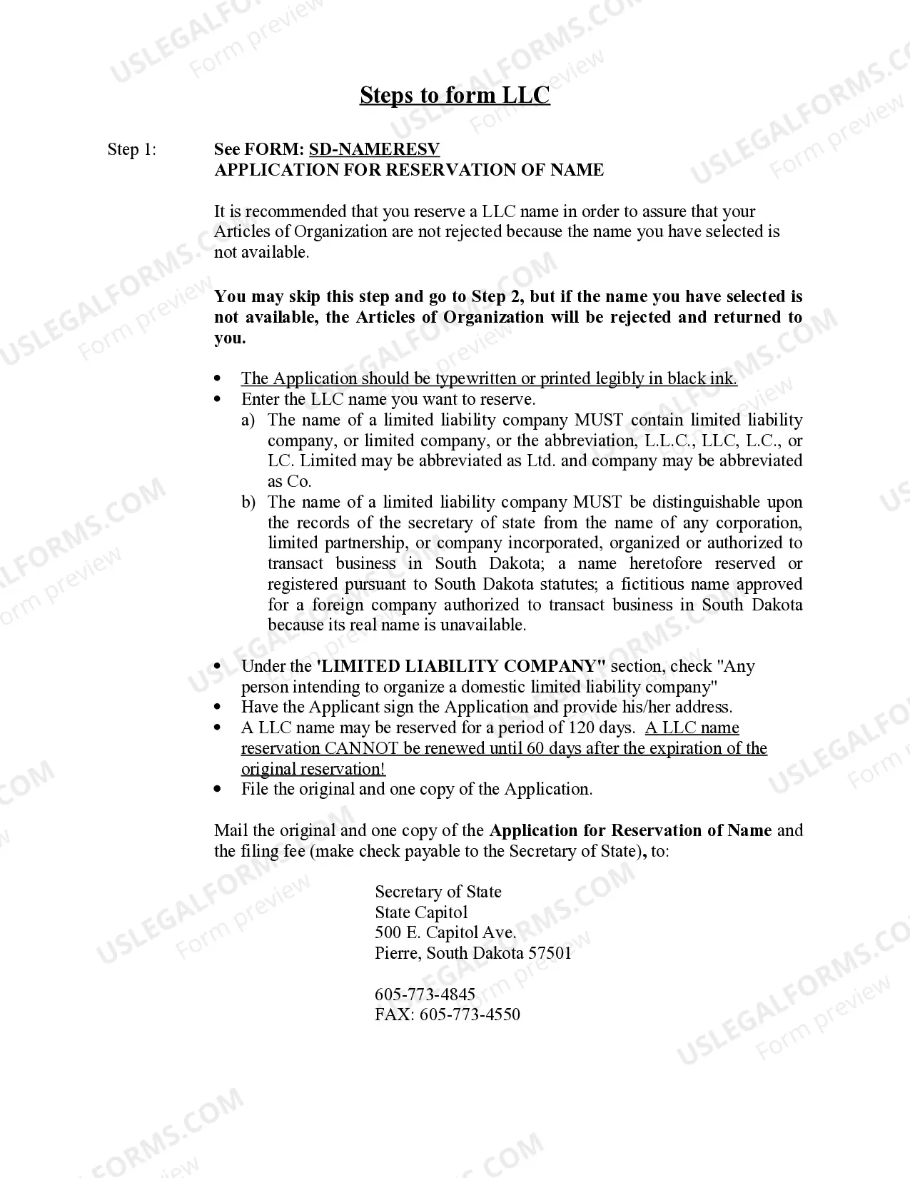 Preview South Dakota Limited Liability Company LLC Formation Package