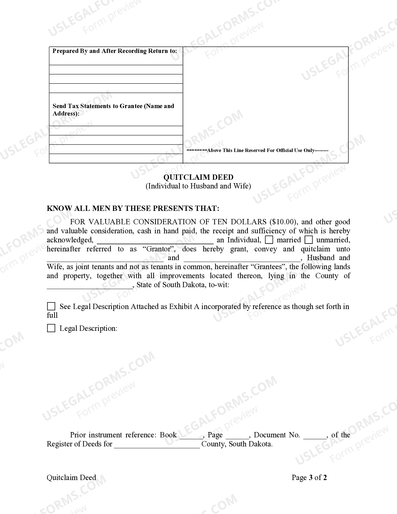 South Dakota Quitclaim Deed from Individual to Husband and Wife US