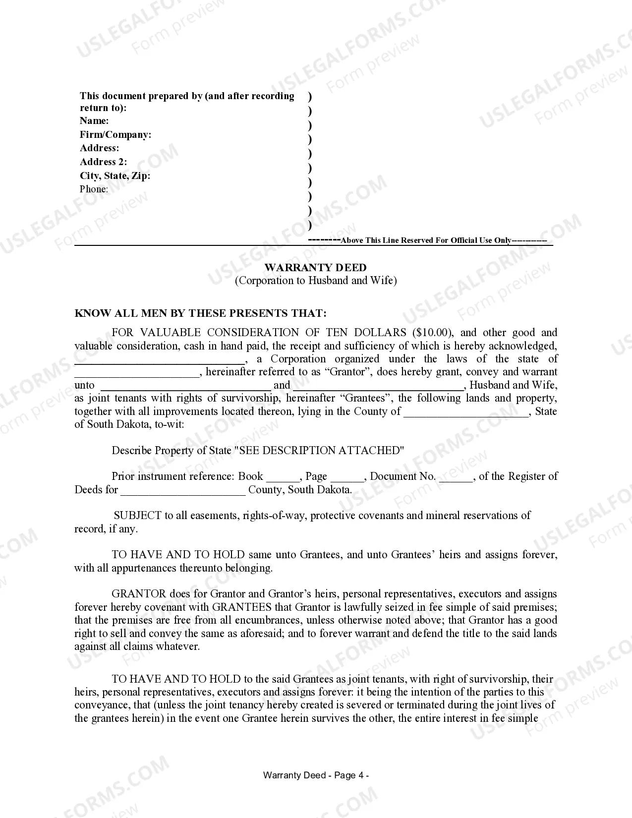 Preview Warranty Deed from Corporation to Husband and Wife