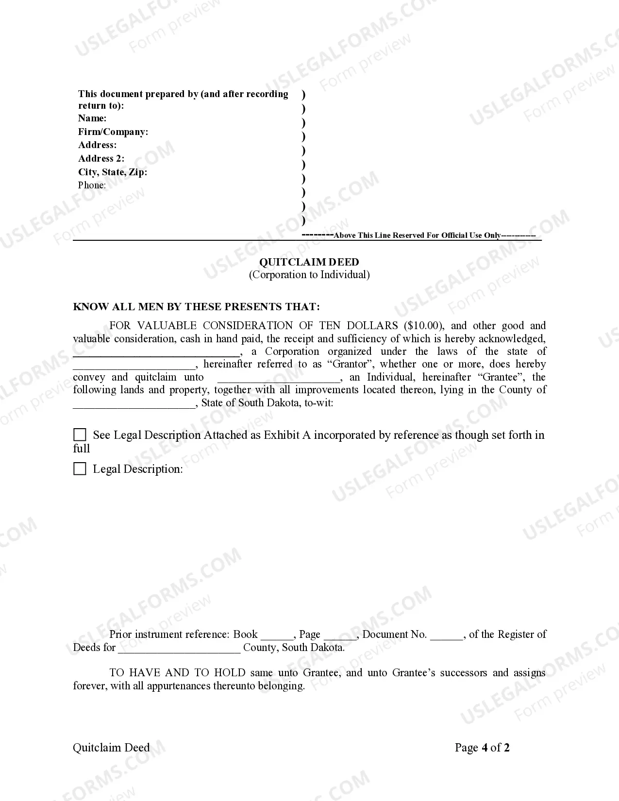 Preview Quitclaim Deed from Corporation to Individual