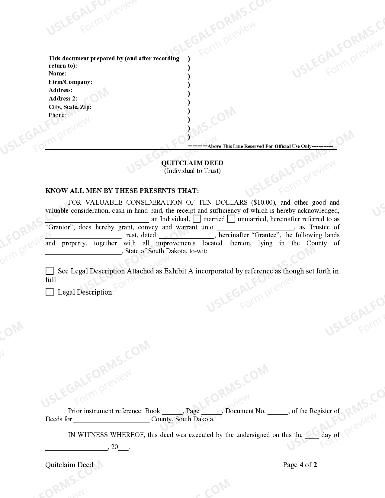 South Dakota Warranty Deed from Individual to a Trust Warranty Deed