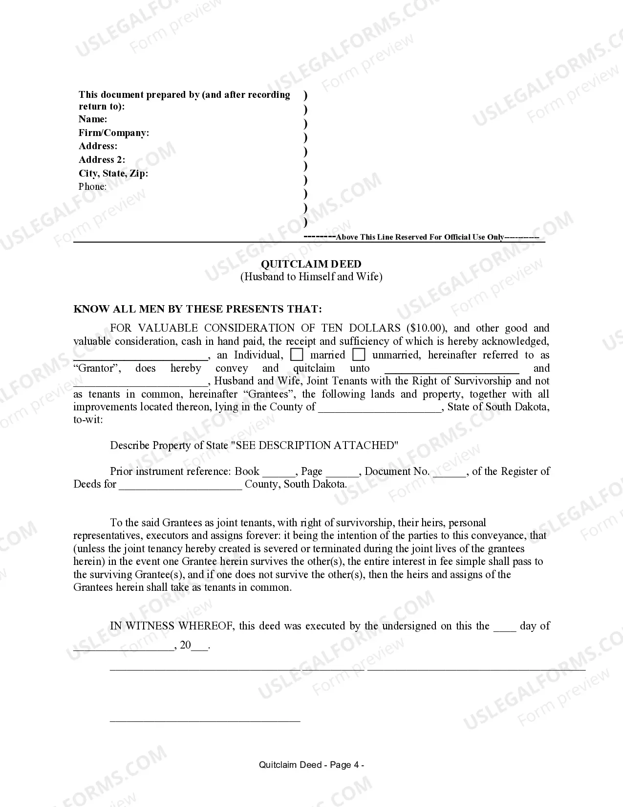 Preview Quitclaim Deed from Husband to Himself and Wife