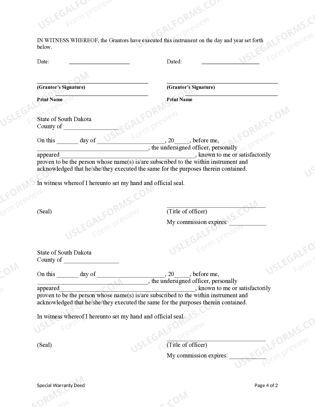 South Dakota Special Warranty Deed from Two Individuals to One