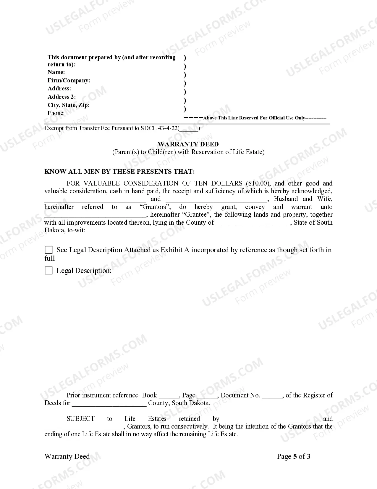 Preview Warranty Deed to Child Reserving a Life Estate in the Parents