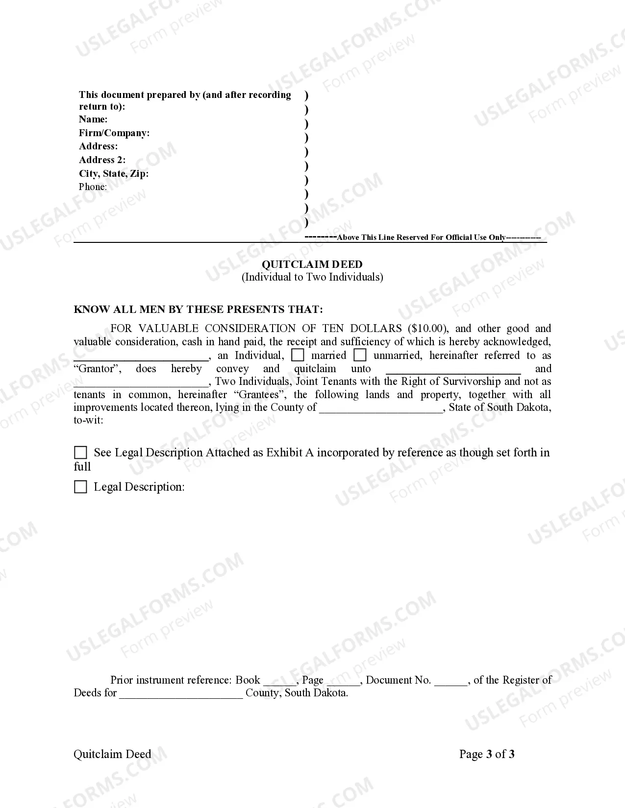 Preview Quitclaim Deed from Individual to Two Individuals in Joint Tenancy