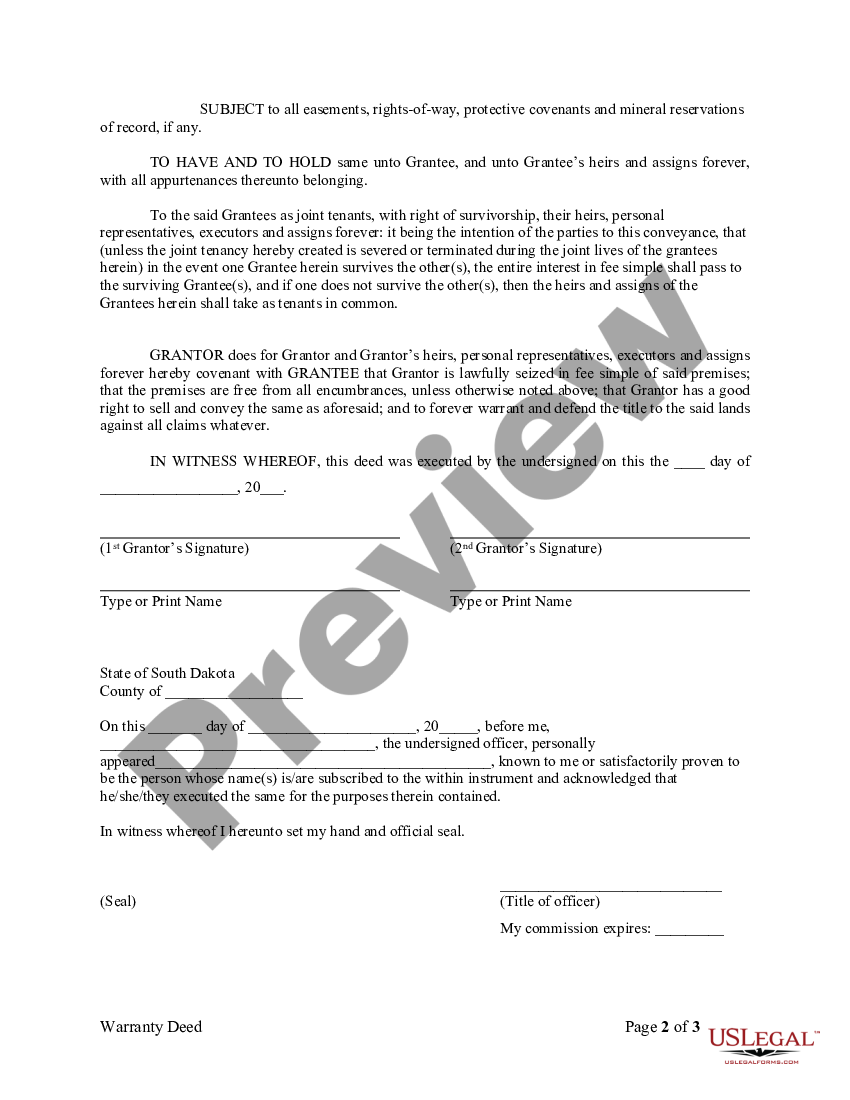 South Dakota Warranty Deed from two Individuals to Husband and Wife ...