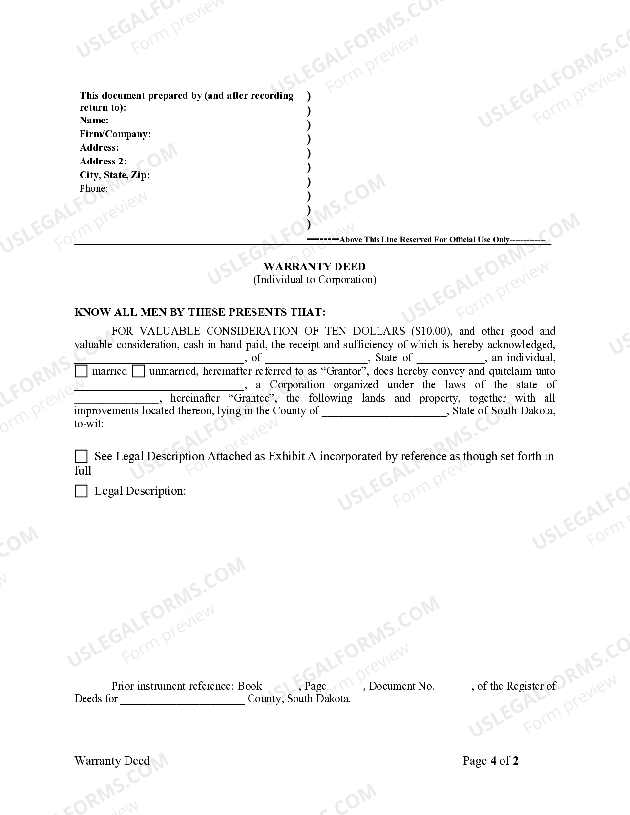 South Dakota Quitclaim Deed from Individual to Corporation Quick