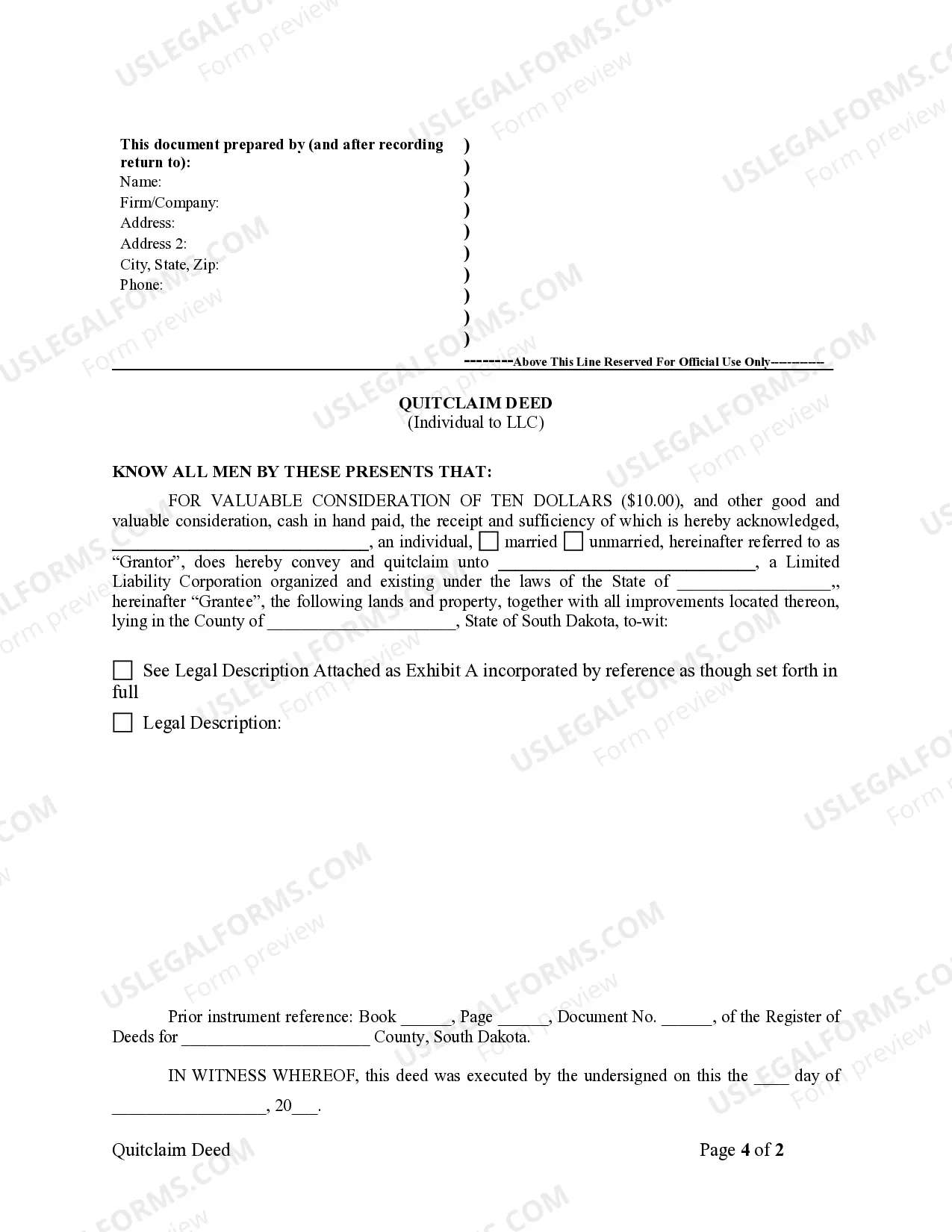Preview Quitclaim Deed from Individual to LLC