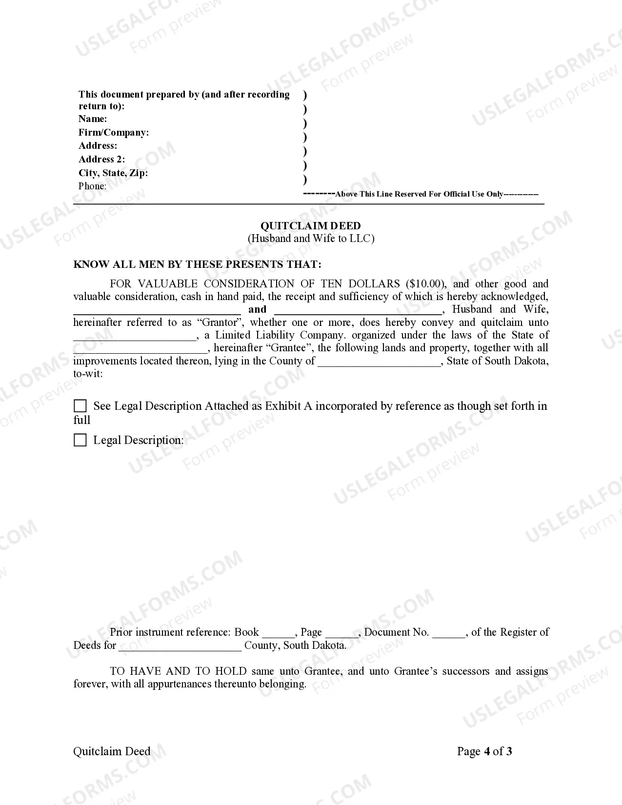 Preview Quitclaim Deed from Husband and Wife to LLC
