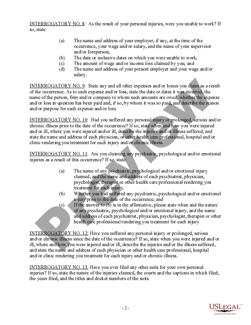 Preview Interrogatories to Plaintiff for Motor Vehicle Occurrence