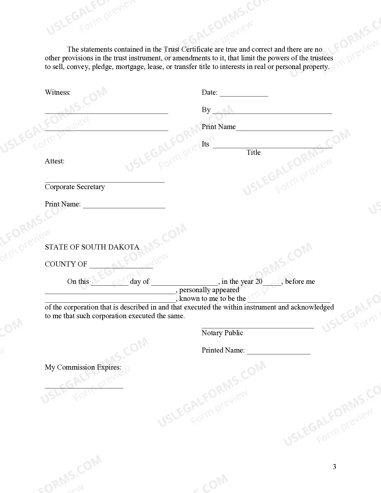 Preview South Dakota Certificate of Trust by Corporation