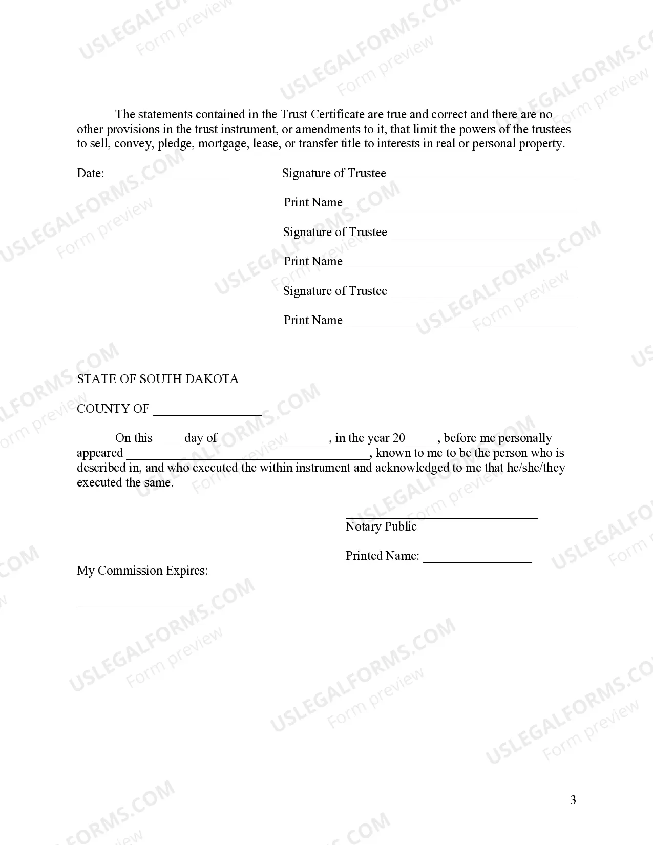 Preview South Dakota Certificate of Trust by Individual
