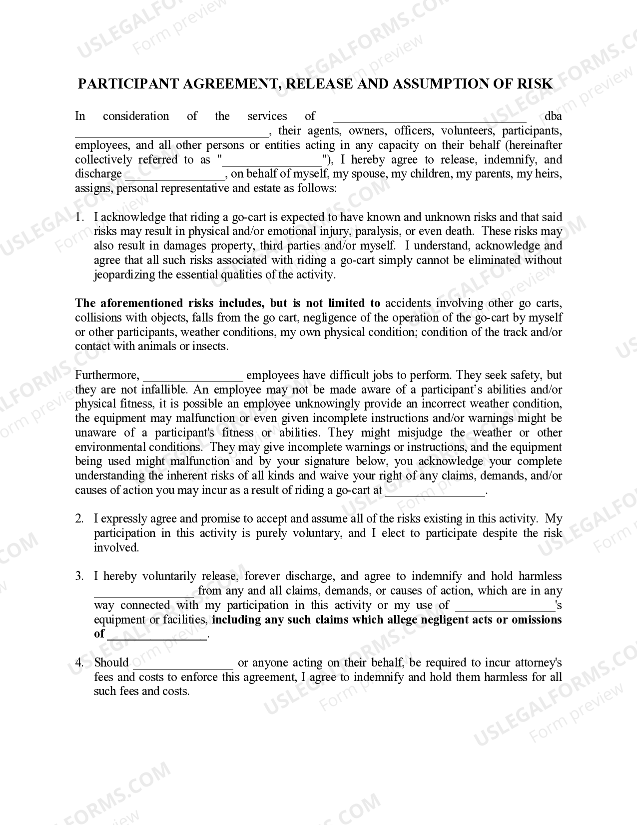 South Dakota Agreement, Release and Assumption of Risks Form for Go