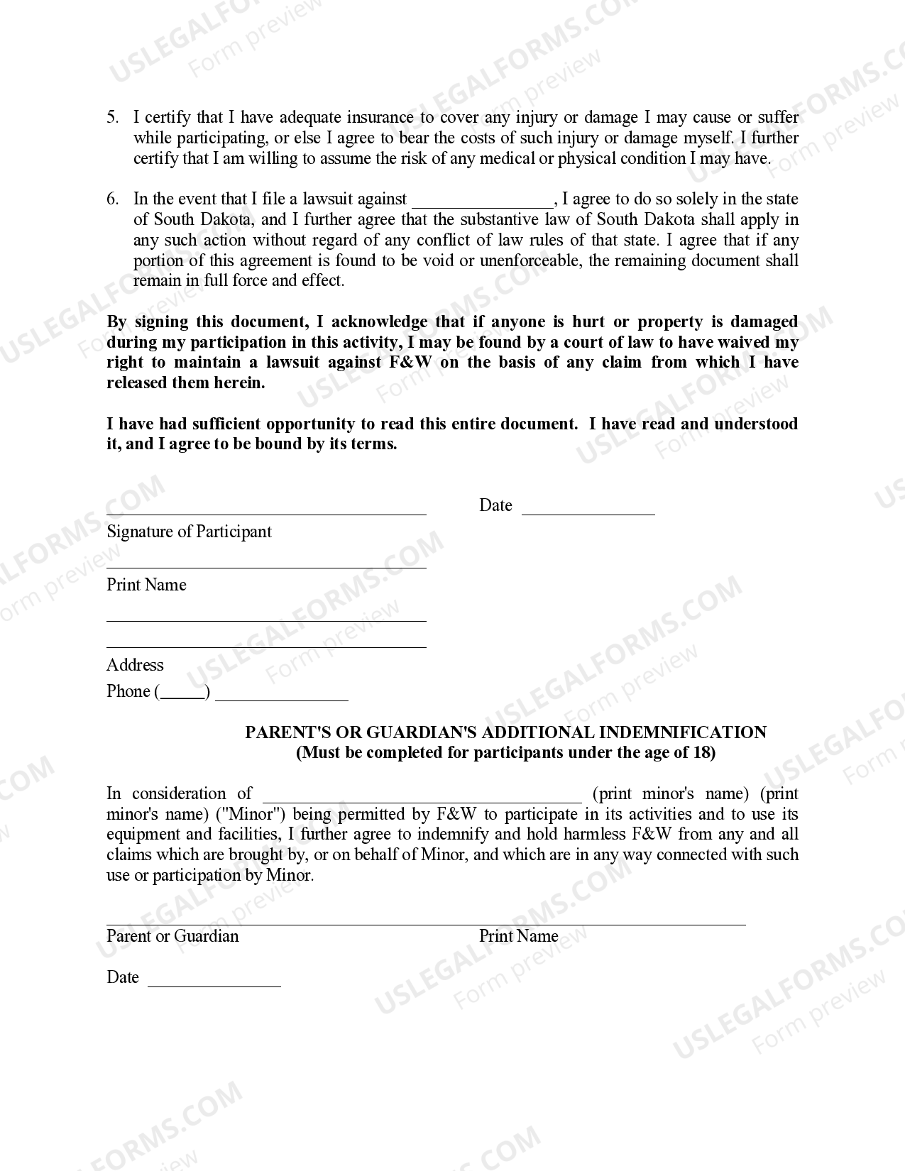 South Dakota Agreement, Release and Assumption of Risks Form for Go