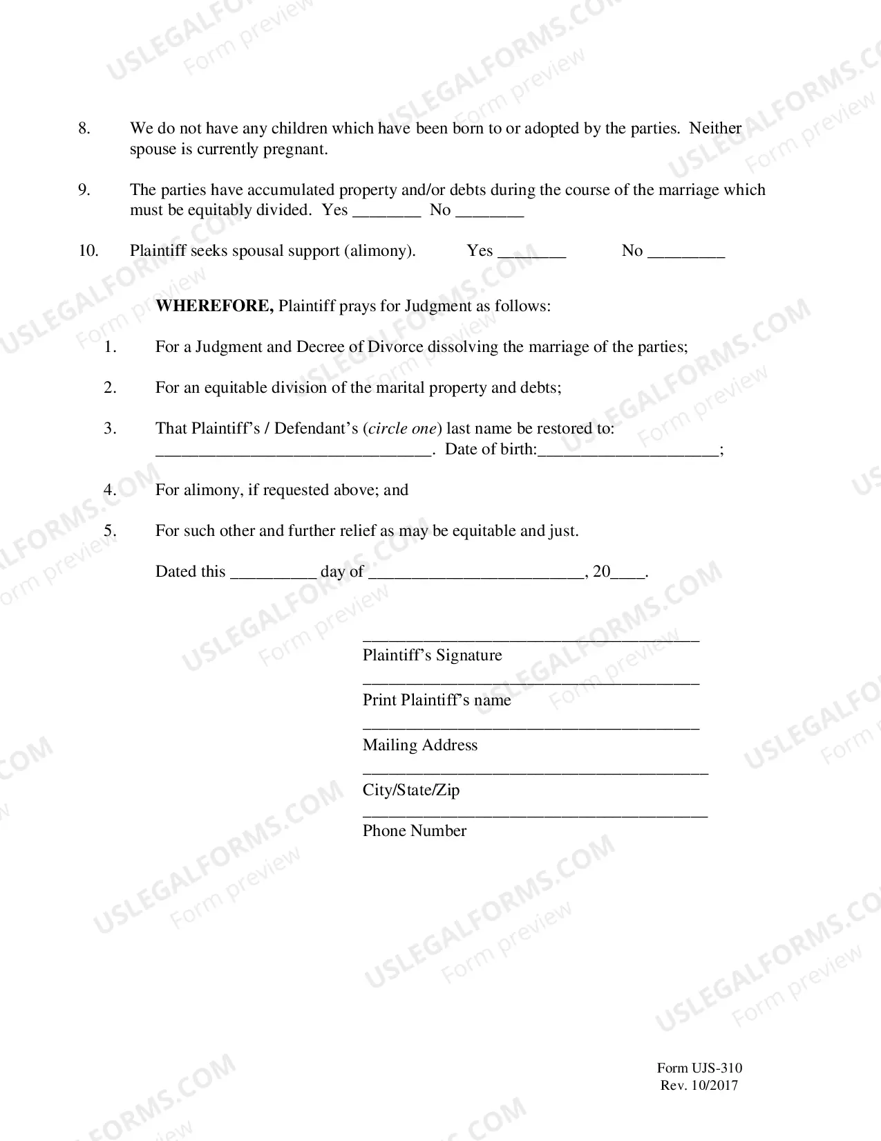 Preview Complaint for Divorce for People with Adult Children