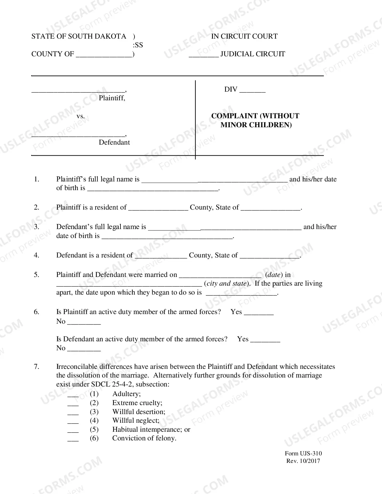 Preview Instructions and Forms for Divorce Complaint Without Minor Children