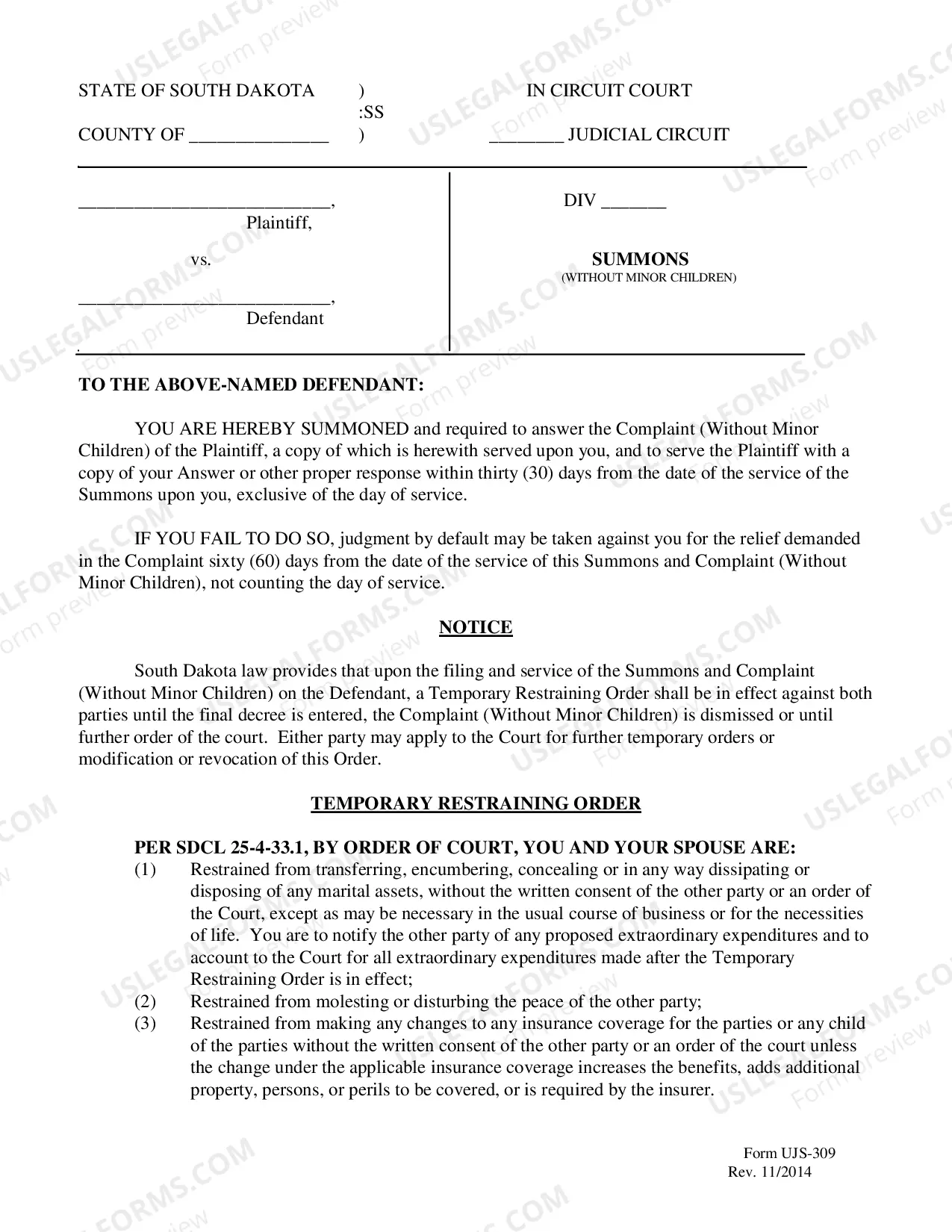 Preview Instructions and Form for Summons for Divorce Without Minor Children