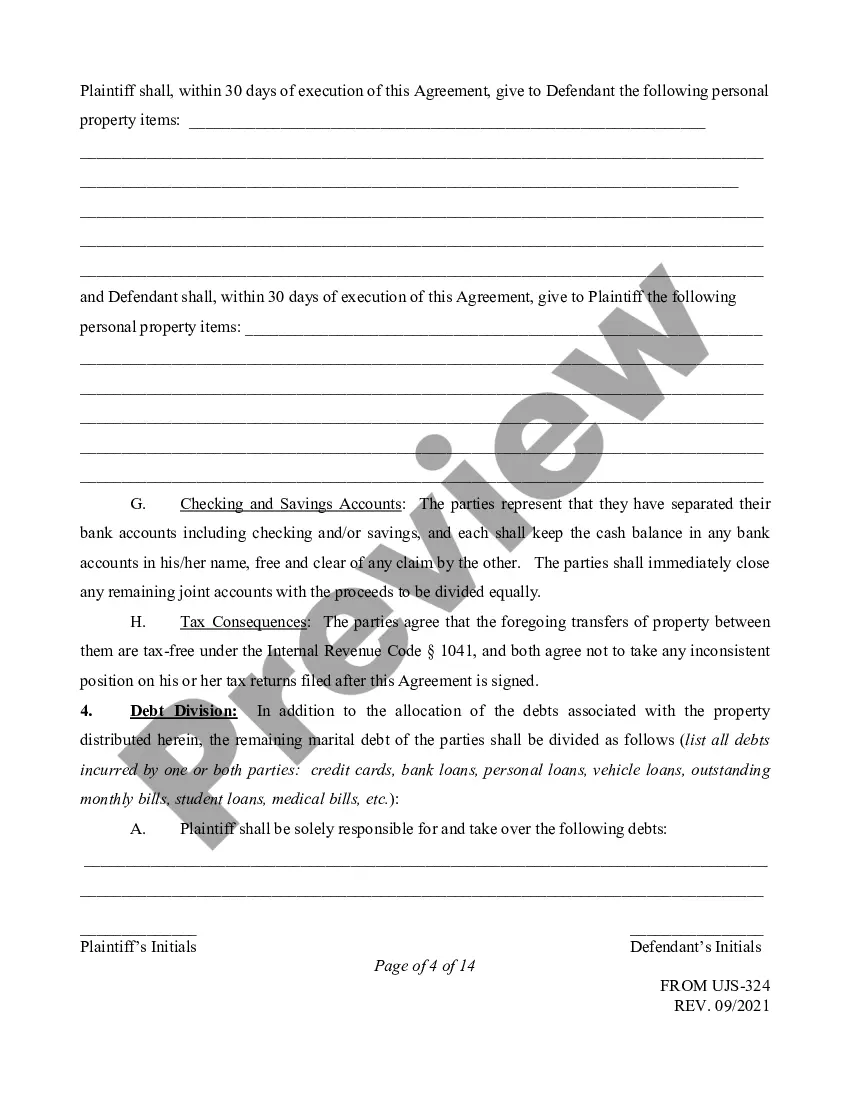 Preview Marital Domestic Separation and Property Settlement Agreement no children