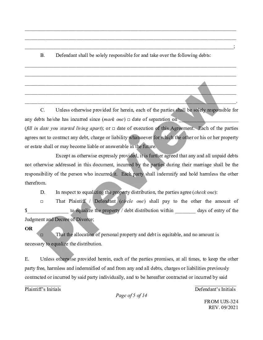 Preview Marital Domestic Separation and Property Settlement Agreement no children