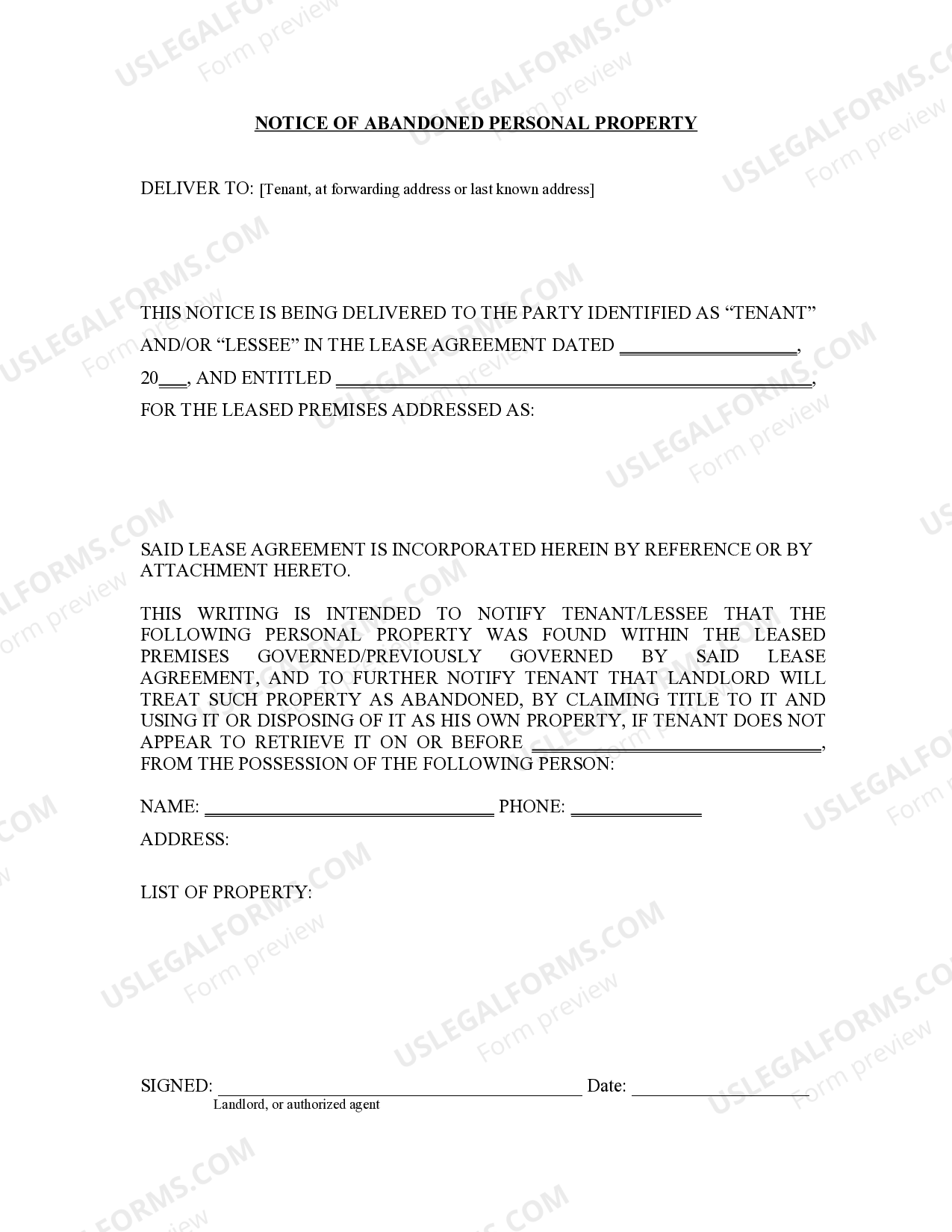 South Dakota Letter from Landlord to Tenant as Notice of Abandoned Personal Property
