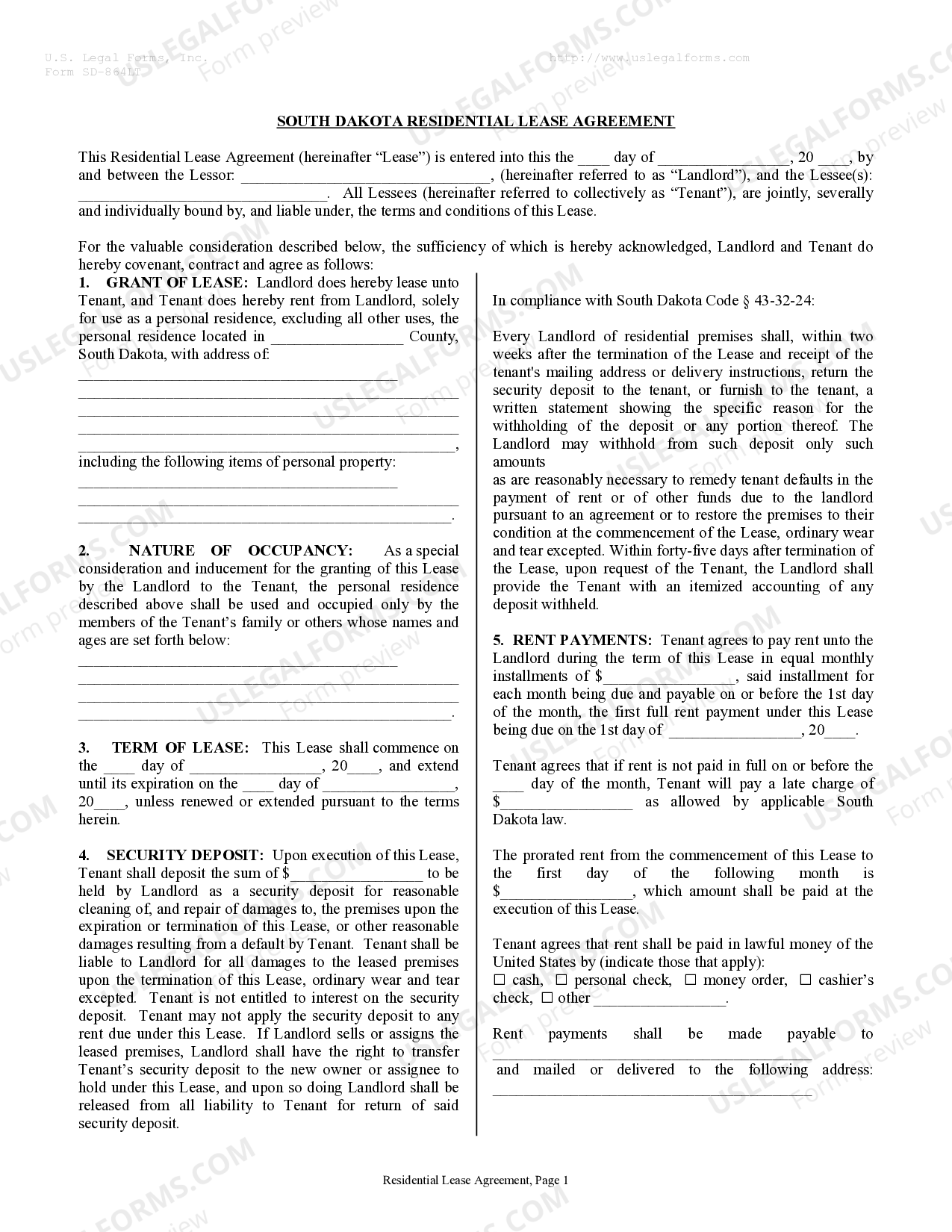 South Dakota Residential Rental Lease Agreement US Legal Forms