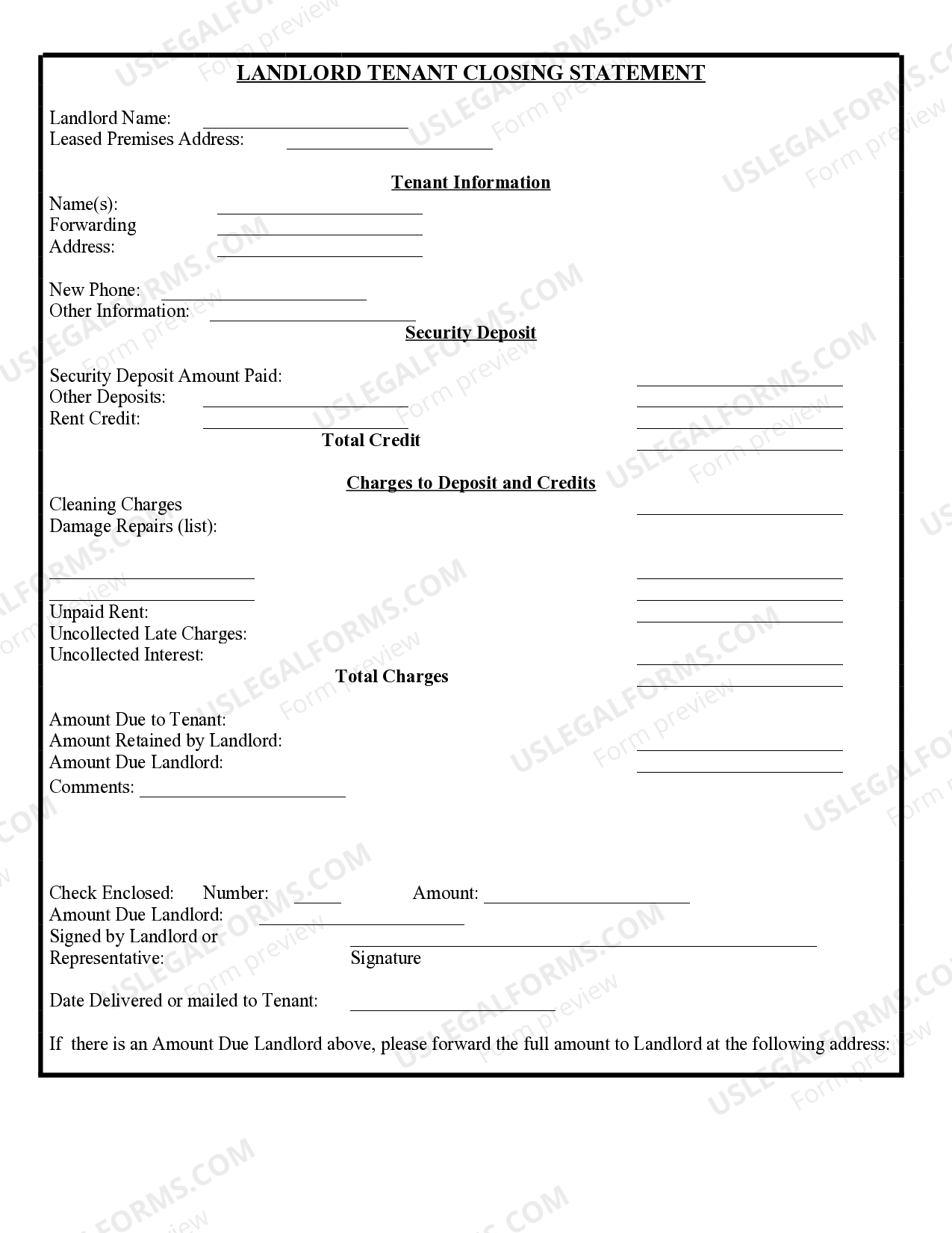 South Dakota Landlord Tenant Closing Statement to Reconcile Security