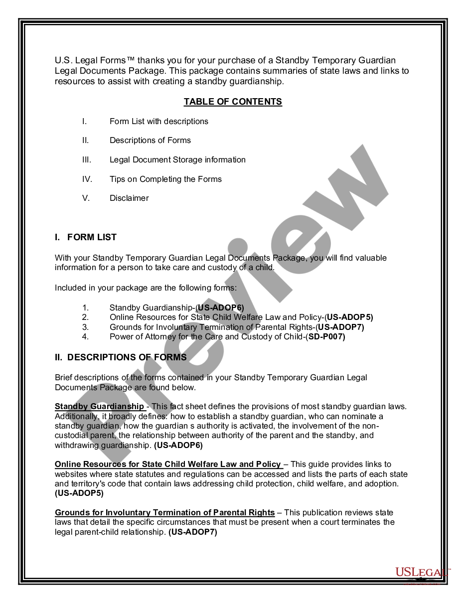 page 1 South Dakota Standby Temporary Guardian Legal Documents Package preview