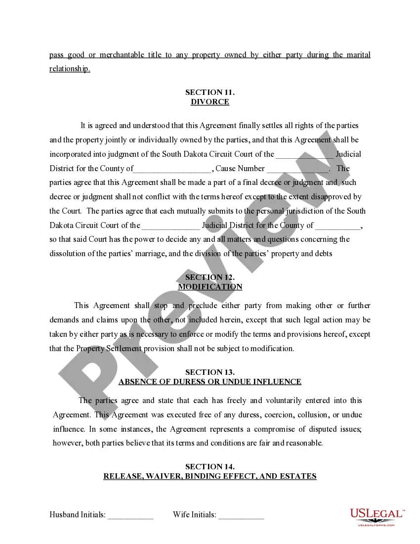 Preview Marital Domestic Separation and Property Settlement Agreement for persons with No Children, No Joint Property or Debts where Divorce Action Filed