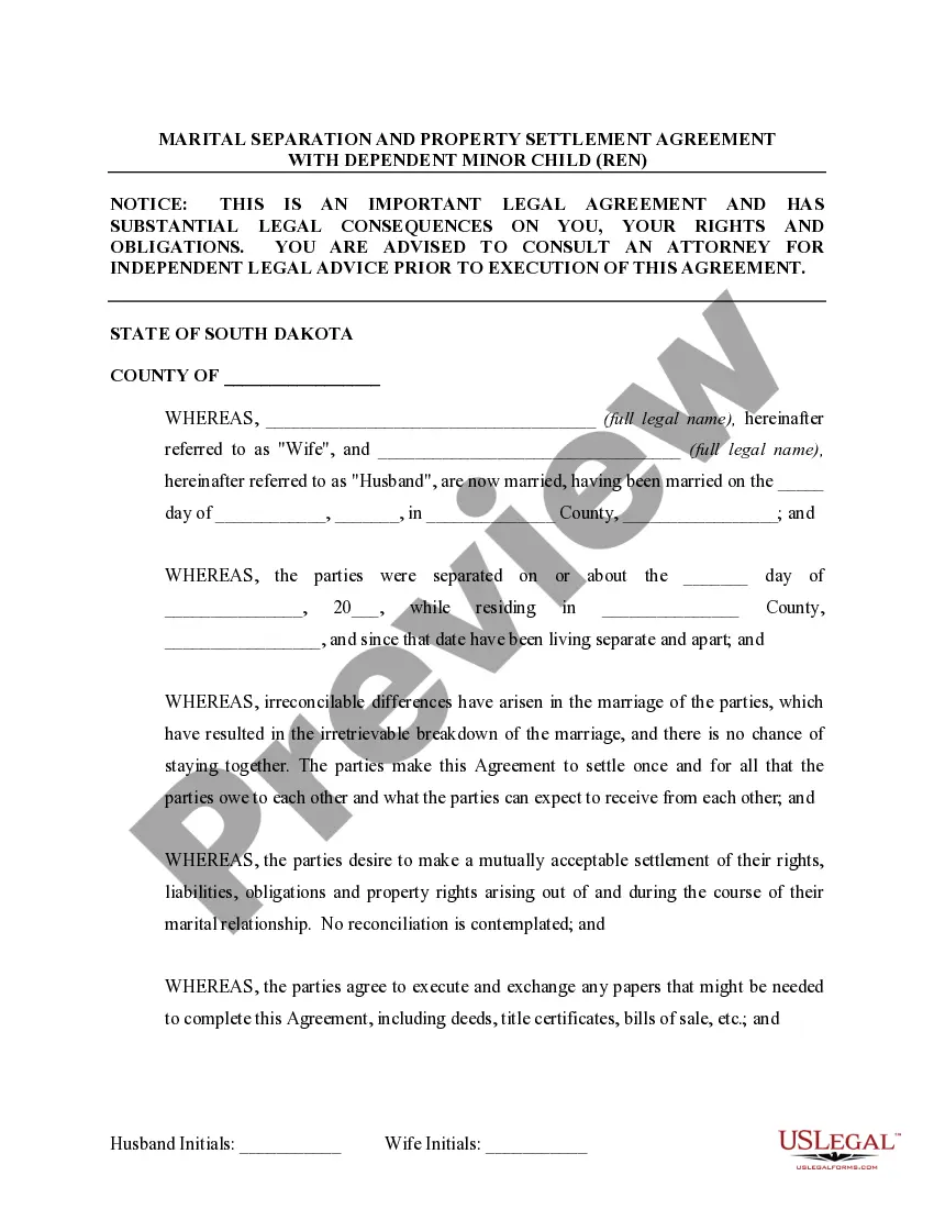 Preview Marital Domestic Separation and Property Settlement Agreement Minor Children no Joint Property or Debts effective Immediately