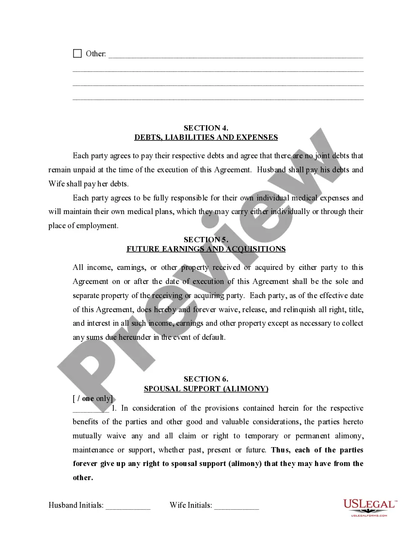Preview Marital Domestic Separation and Property Settlement Agreement Minor Children no Joint Property or Debts effective Immediately