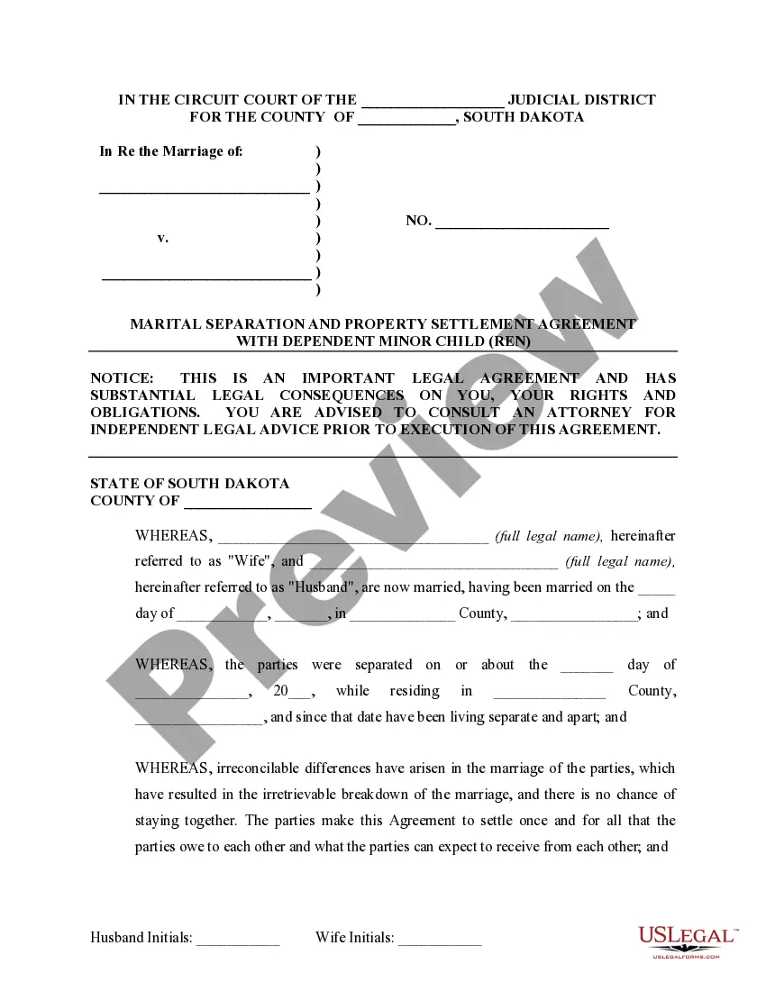 Preview Marital Domestic Separation and Property Settlement Agreement Minor Children Parties May have Joint Property or Debts where Divorce Action Filed