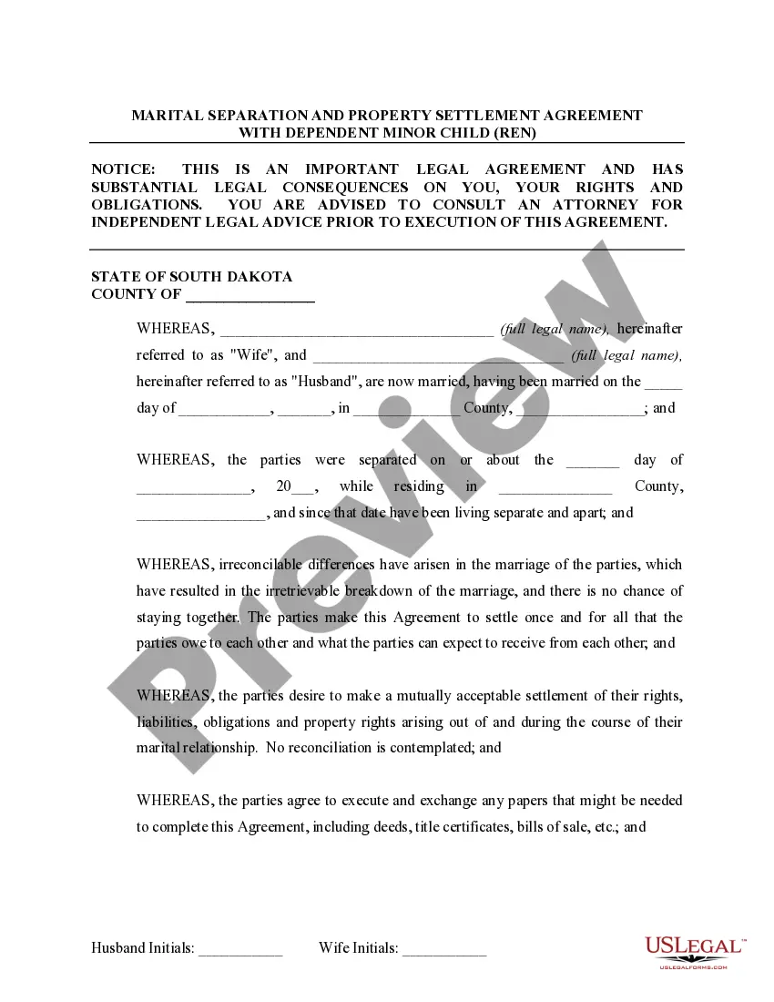 Preview Marital Domestic Separation and Property Settlement Agreement Minor Children Parties May have Joint Property or Debts effective Immediately