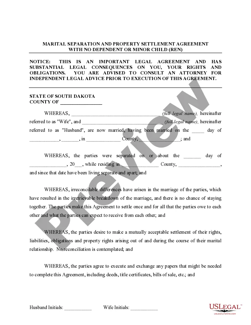 Preview Marital Domestic Separation and Property Settlement Agreement for persons with no Children, no Joint Property, or Debts Effective Immediately