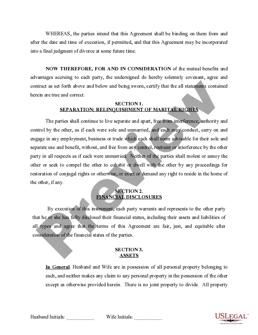 Preview Marital Domestic Separation and Property Settlement Agreement for persons with no Children, no Joint Property, or Debts Effective Immediately