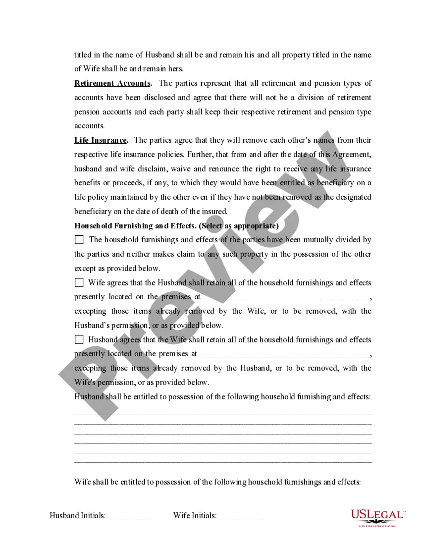 Preview Marital Domestic Separation and Property Settlement Agreement for persons with no Children, no Joint Property, or Debts Effective Immediately