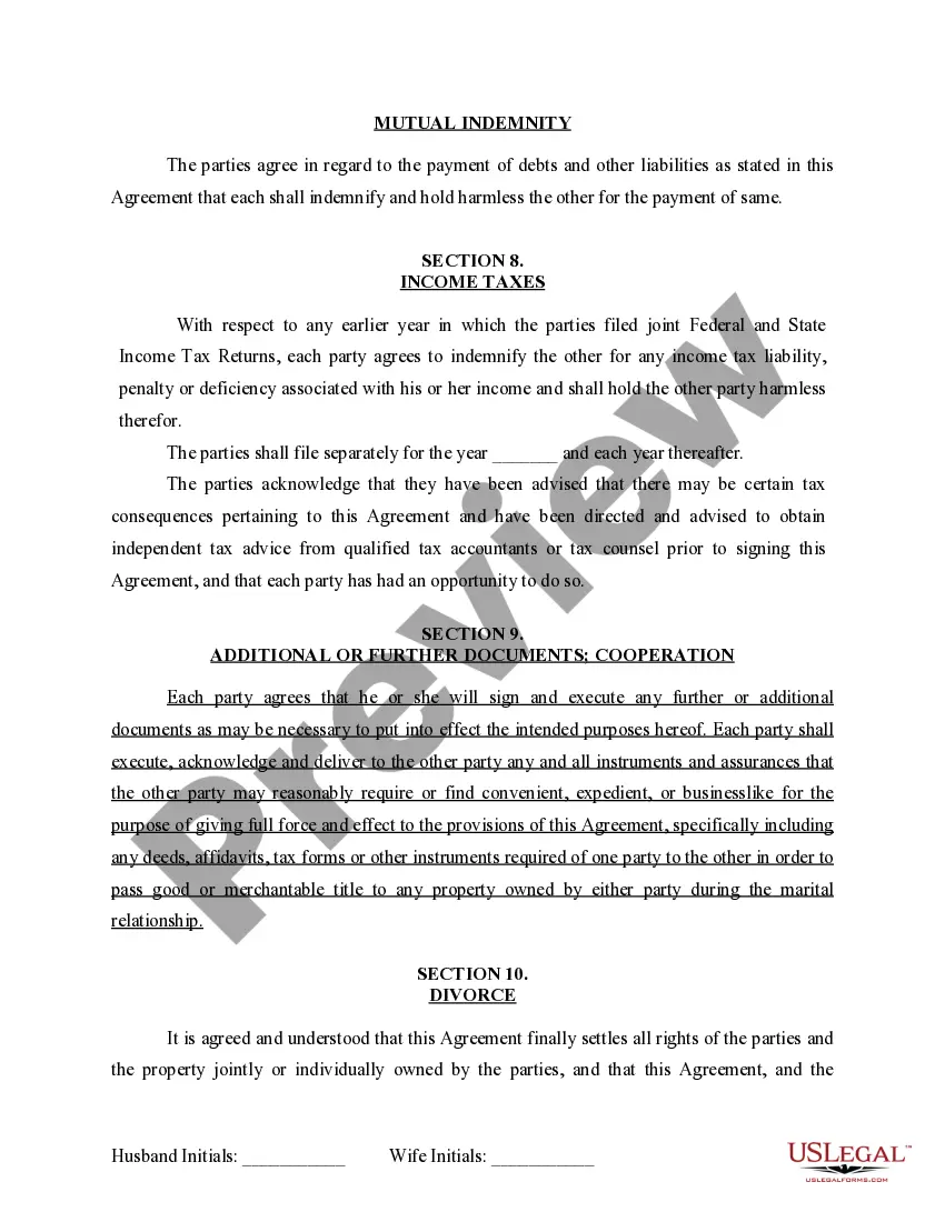 Preview Marital Domestic Separation and Property Settlement Agreement for persons with no Children, no Joint Property, or Debts Effective Immediately