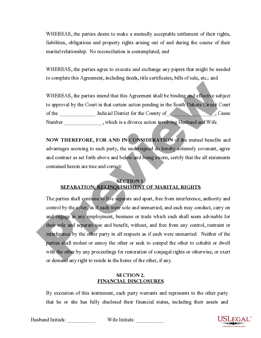 Preview Marital Domestic Separation and Property Settlement Agreement no Children parties may have Joint Property or Debts where Divorce Action Filed