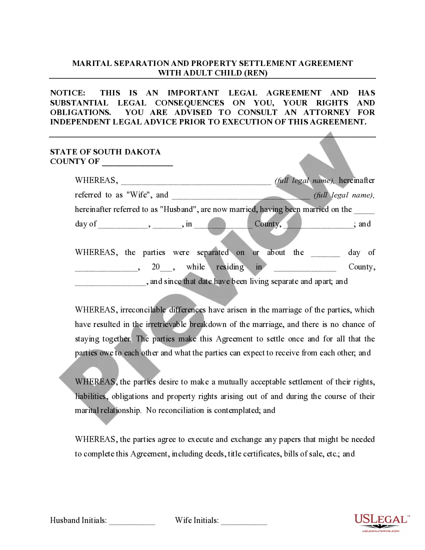 Preview Marital Domestic Separation and Property Settlement Agreement Adult Children Parties May have Joint Property or Debts effective Immediately