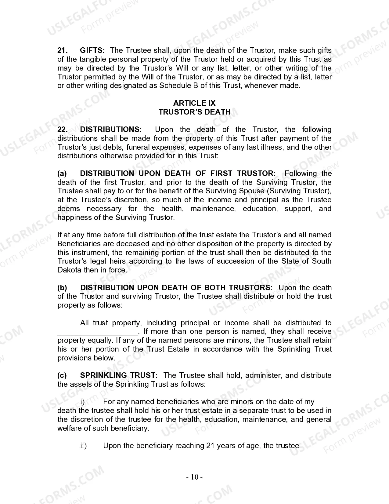 Preview Revocable Living Trust for Husband and Wife with No Children