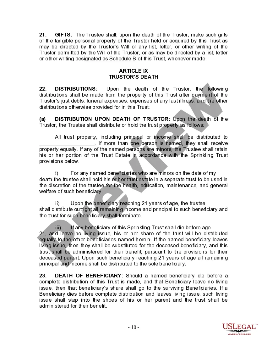 Preview Living Trust for Individual Who is Single, Divorced or Widow or Widower with No Children