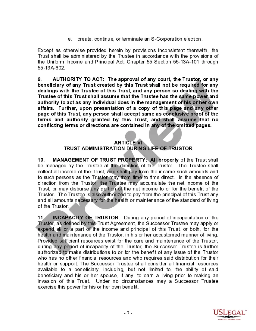 Preview Living Trust for Individual Who is Single, Divorced or Widow or Widower with No Children