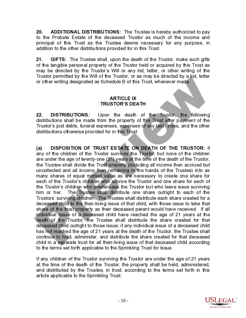 Preview Living Trust for Individual Who is Single, Divorced or Widow or Widower with Children