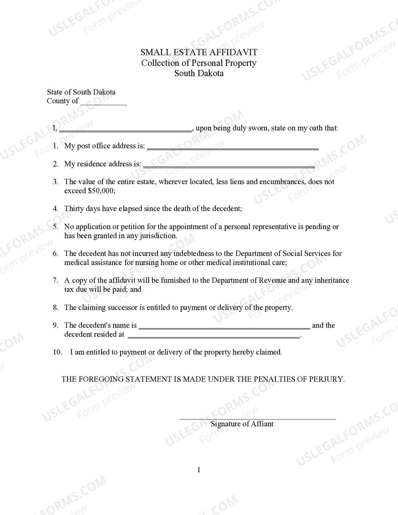 South Dakota Small Estate Heirship Affidavit for Estates under 50