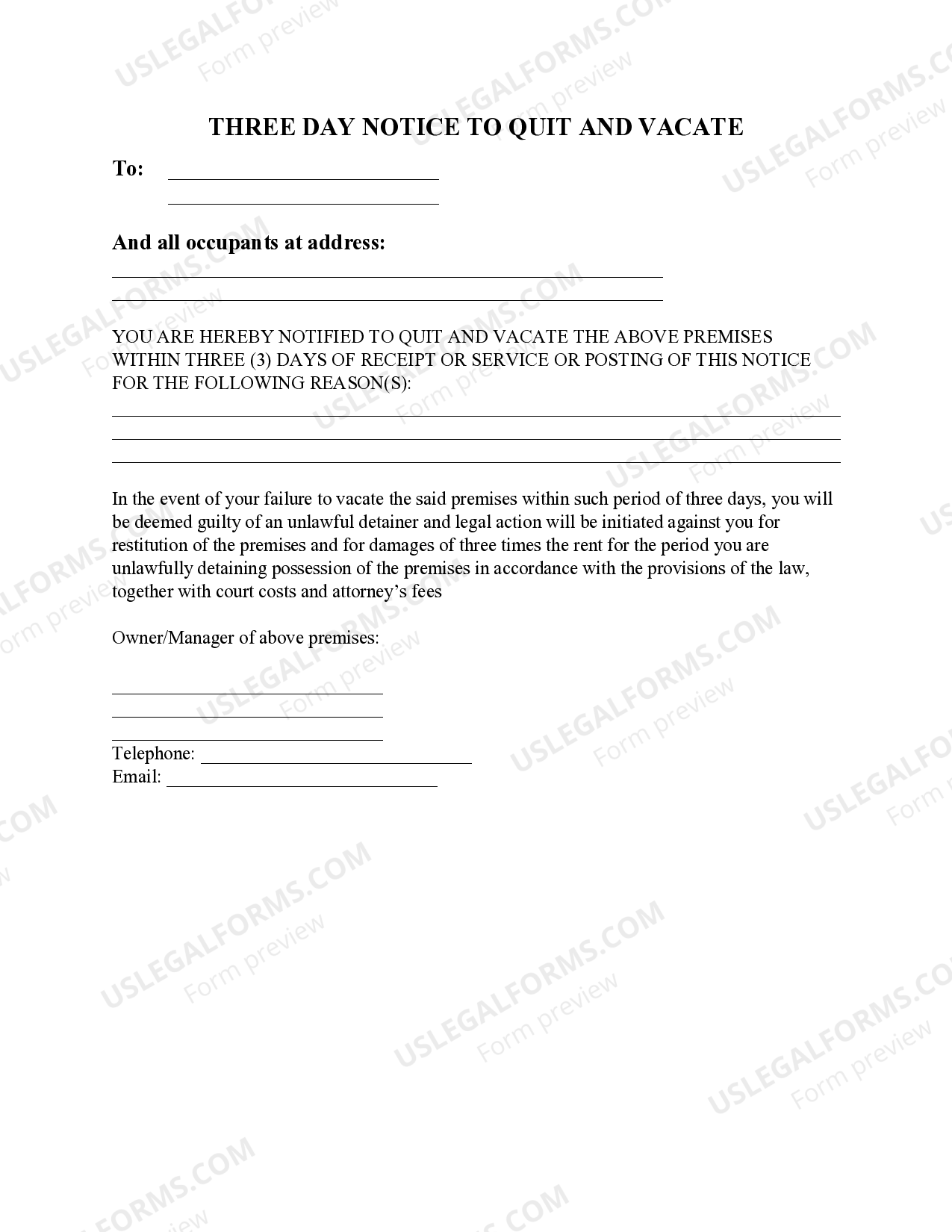 South Dakota Three (3) Day Notice to Quit and Vacate | US Legal Forms