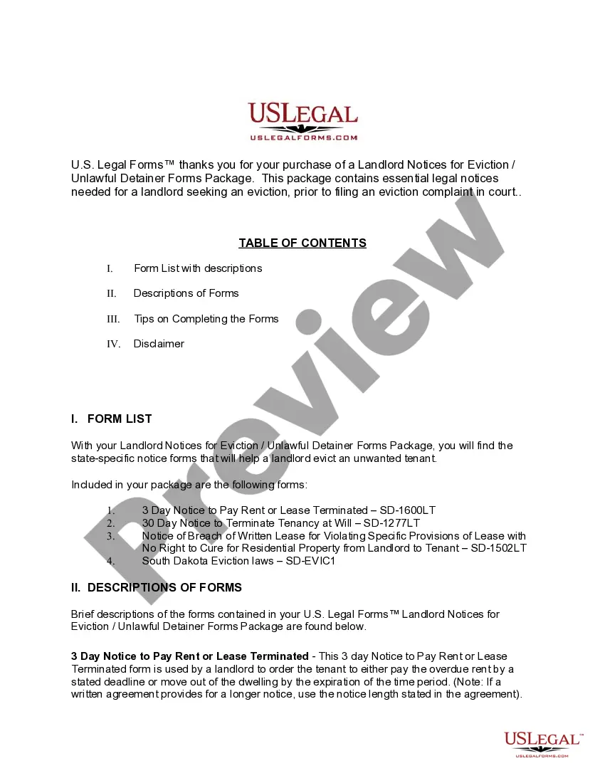 Preview South Dakota Landlord Notices for Eviction / Unlawful Detainer Forms Package
