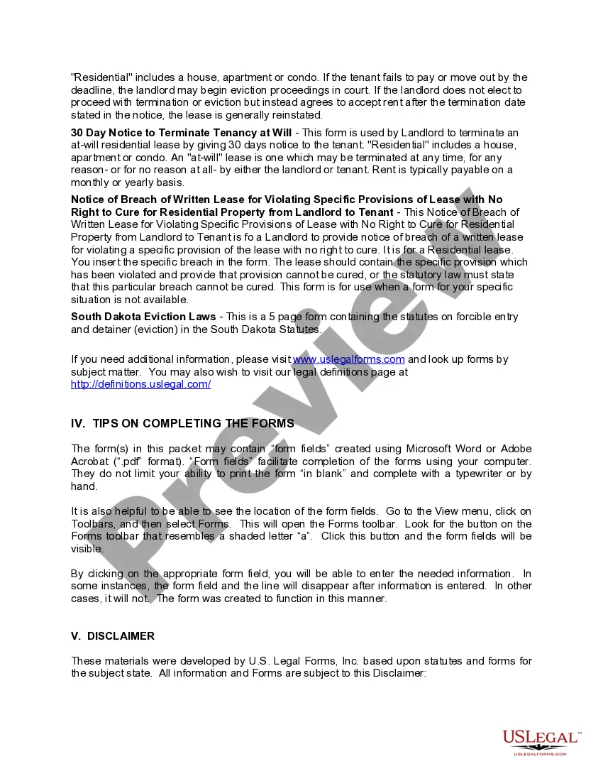 Preview South Dakota Landlord Notices for Eviction / Unlawful Detainer Forms Package