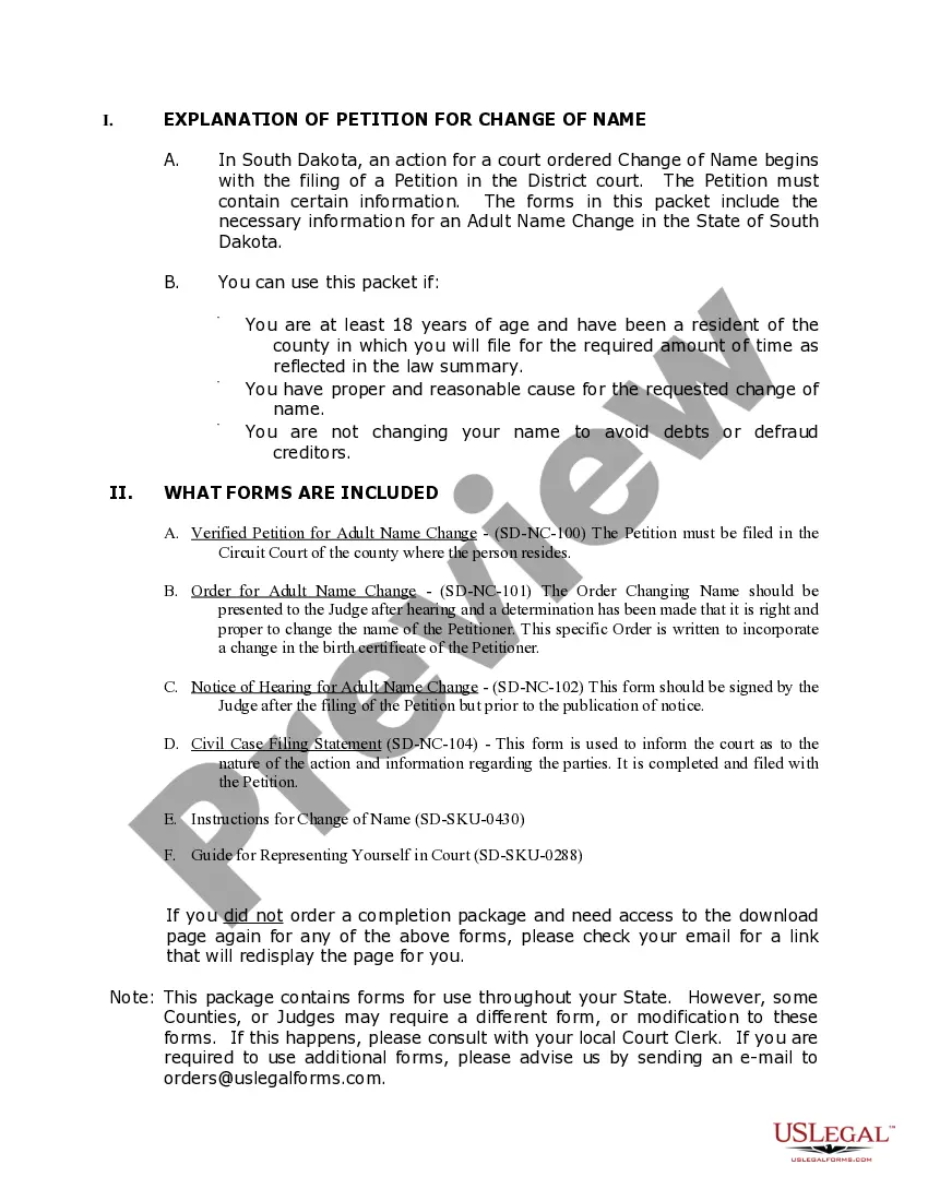 Preview South Dakota Name Change Instructions and Forms Package for an Adult