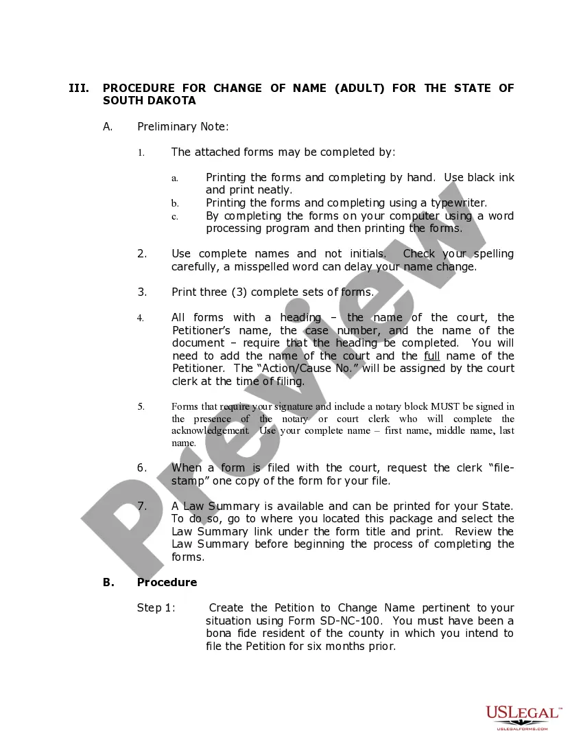 Preview South Dakota Name Change Instructions and Forms Package for an Adult